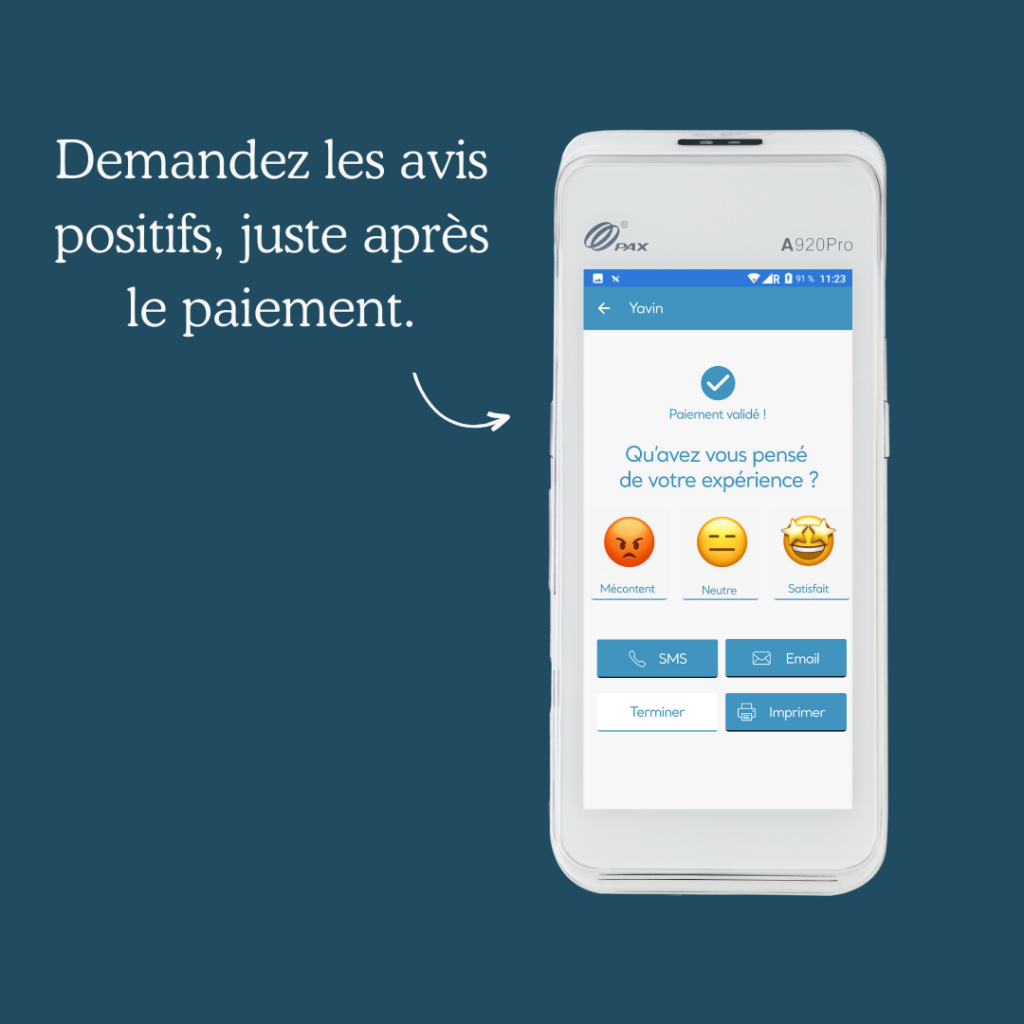 Écran fonctionnalité Avis client google sur TPE Yavin