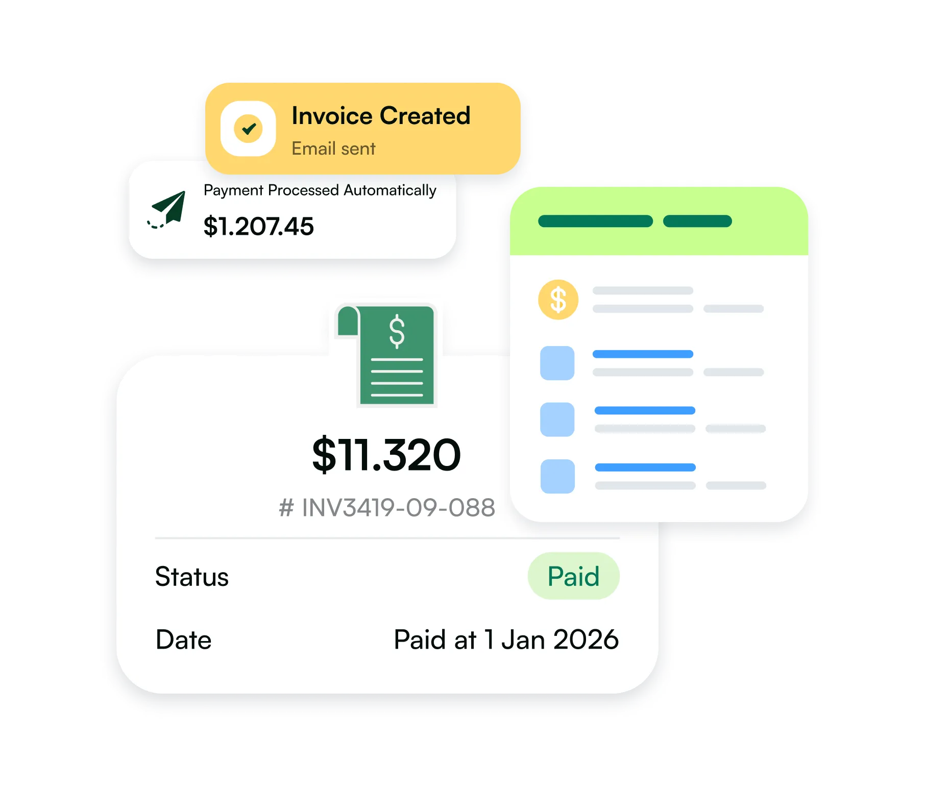 Digital invoice summary showing payment processed automatically and invoice created notification.