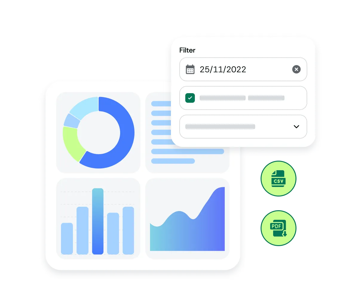 Dashboard with pie chart, bar chart, and line graph, filter menu  and green icons for CSV and PDF export.