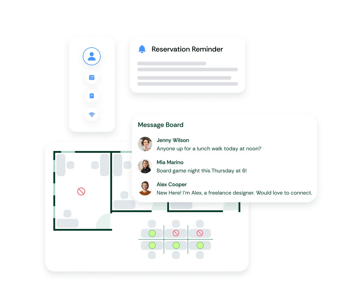 User interface mockup showing a reservation reminder, a vertical menu with icons, a message board with three users chatting, and a seating layout with availability indicated by green and red icons.