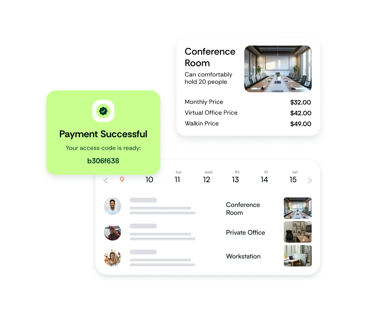 Interface showing successful payment with access code and booking options for conference rooms, private offices, and workstations with prices and dates.