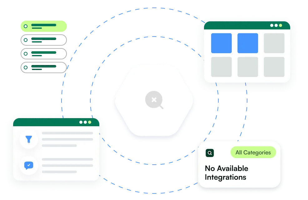 Illustration showing a central hexagon surrounded by icons representing no available integrations, including a filtered list, a grid with two highlighted squares, and a search tag labeled All Categories.
