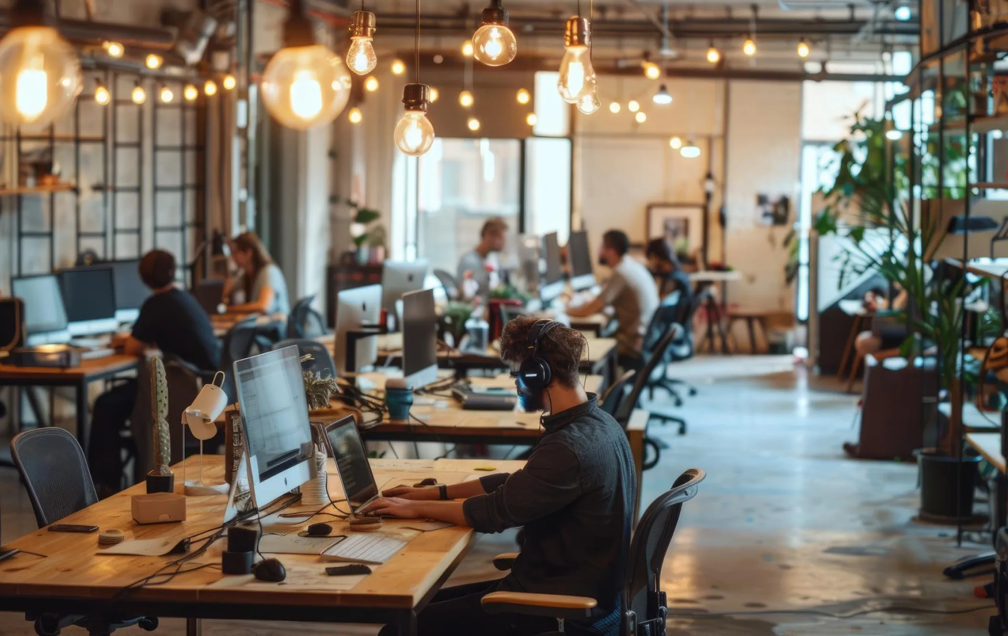 Modern open office space with multiple people working at desks with computers under hanging light bulbs.