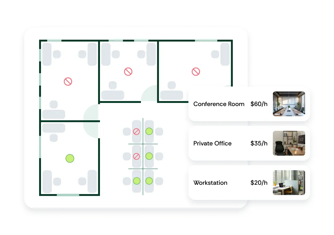 Office floor plan showing availability of spaces with green and red icons and hourly pricing: Conference Room $60, Private Office $35, Workstation $20.