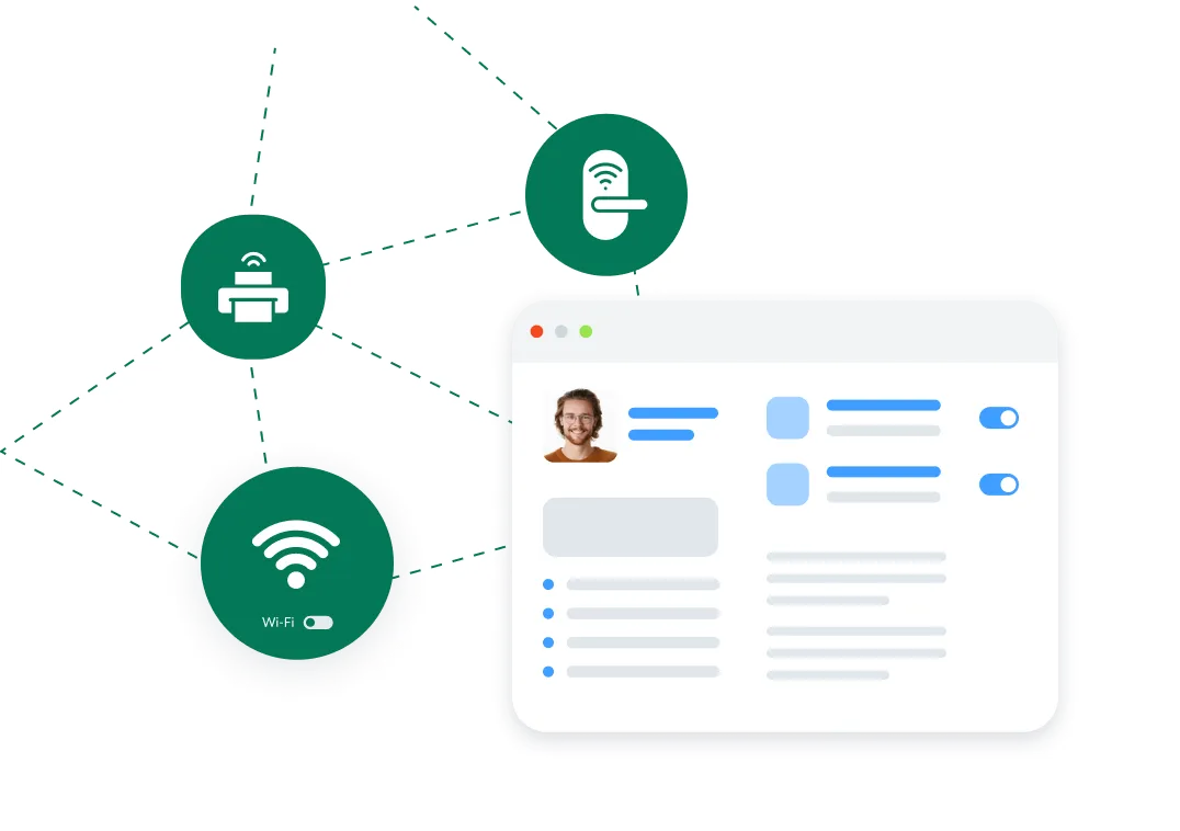 Illustration showing a user profile webpage connected to icons of Wi-Fi, printer, and smart lock representing access control and usage tracking.