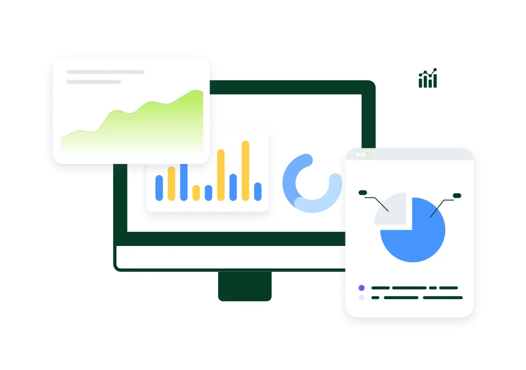 Computer screen displaying various data charts including a green line graph, a blue and yellow bar graph, a blue circular progress chart, and a blue pie chart with annotations.