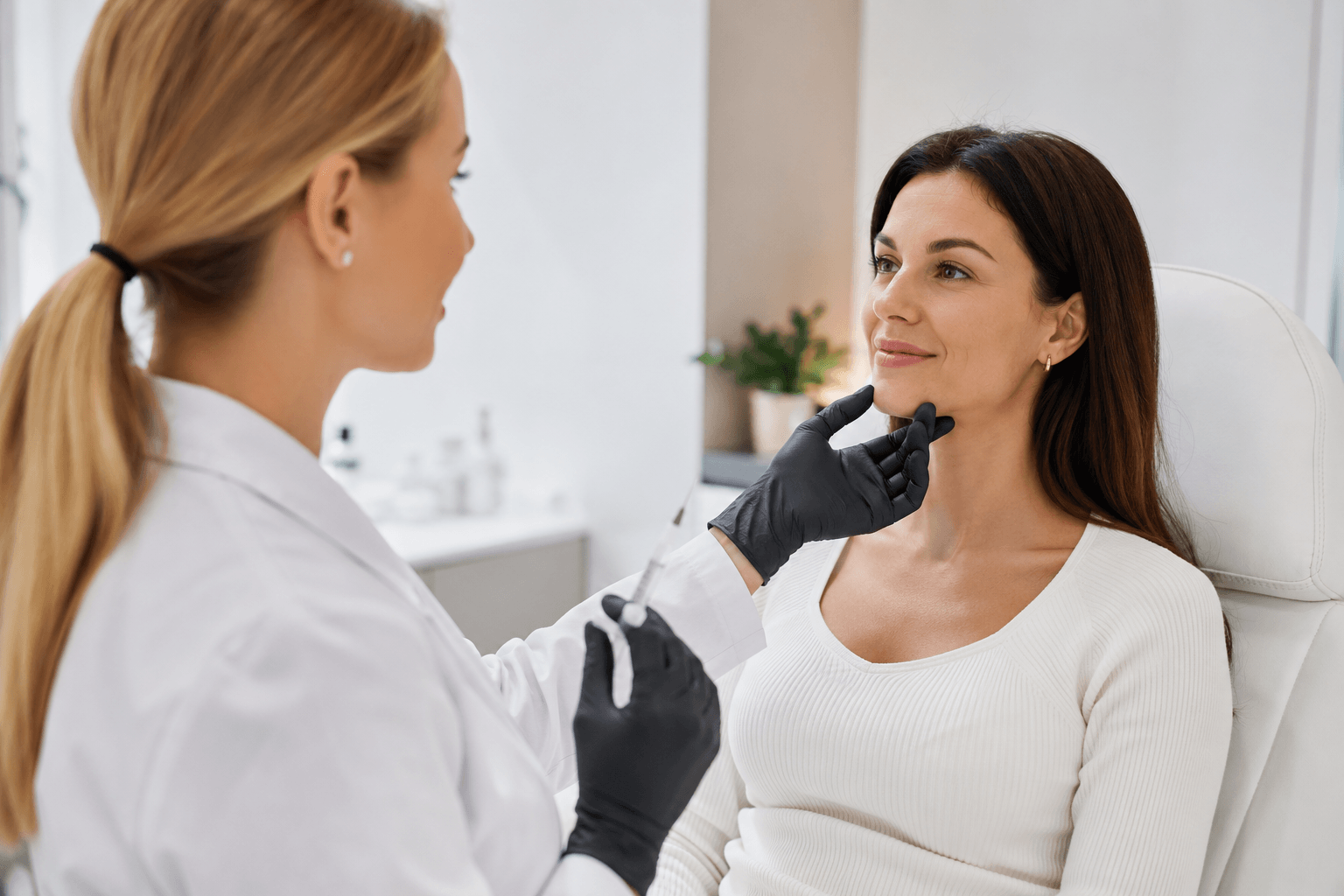 Woman receiving Botox treatment while discussing dermal fillers during a personalized medical aesthetics consultation in Pinedale, Wyoming.
