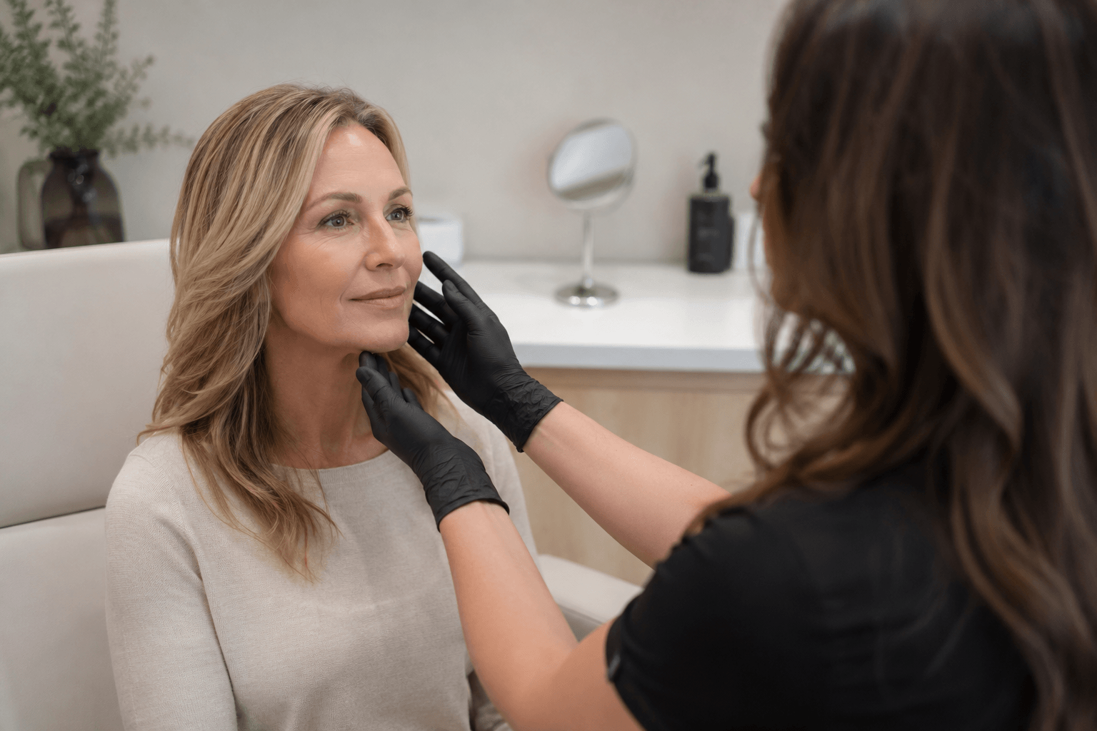Provider consulting with a patient about Sculptra treatment options during a personalized aesthetic assessment in Pinedale, Wyoming.