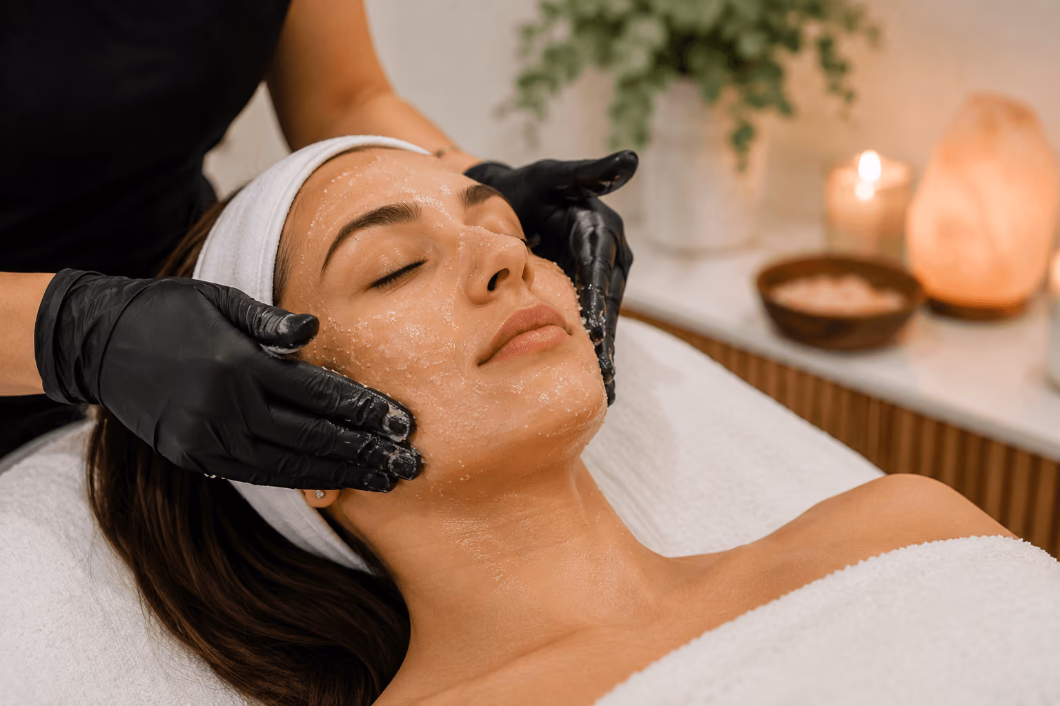 Esthetician performing a salt facial treatment on a client at a med spa in Pinedale, Wyoming