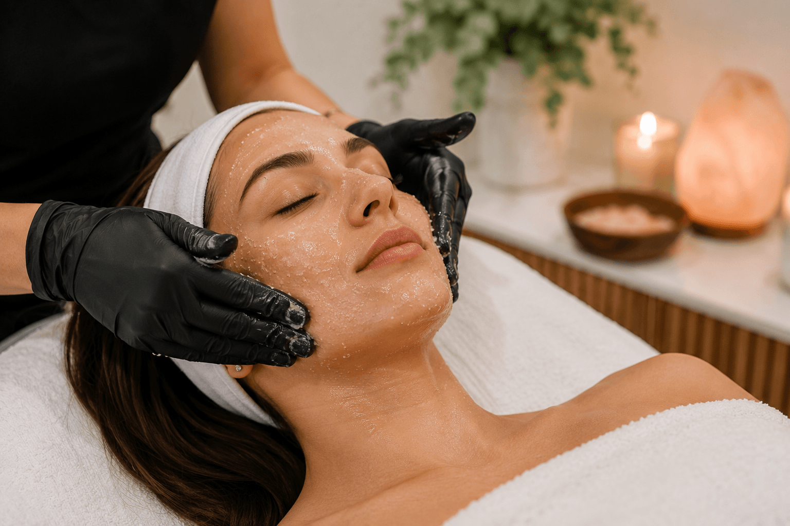 Esthetician performing a salt facial treatment on a client at a med spa in Pinedale, Wyoming
