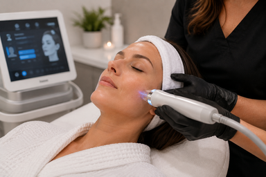 Provider performing RF microneedling treatment on a client's face at a med spa in Pinedale, Wyoming