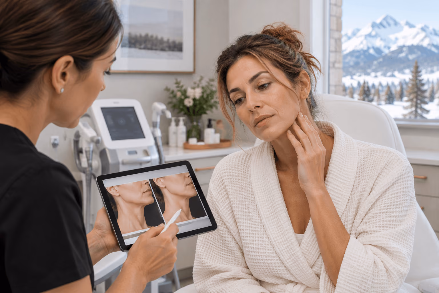 Woman with firm, lifted facial skin after skin tightening treatment in Pinedale, Wyoming