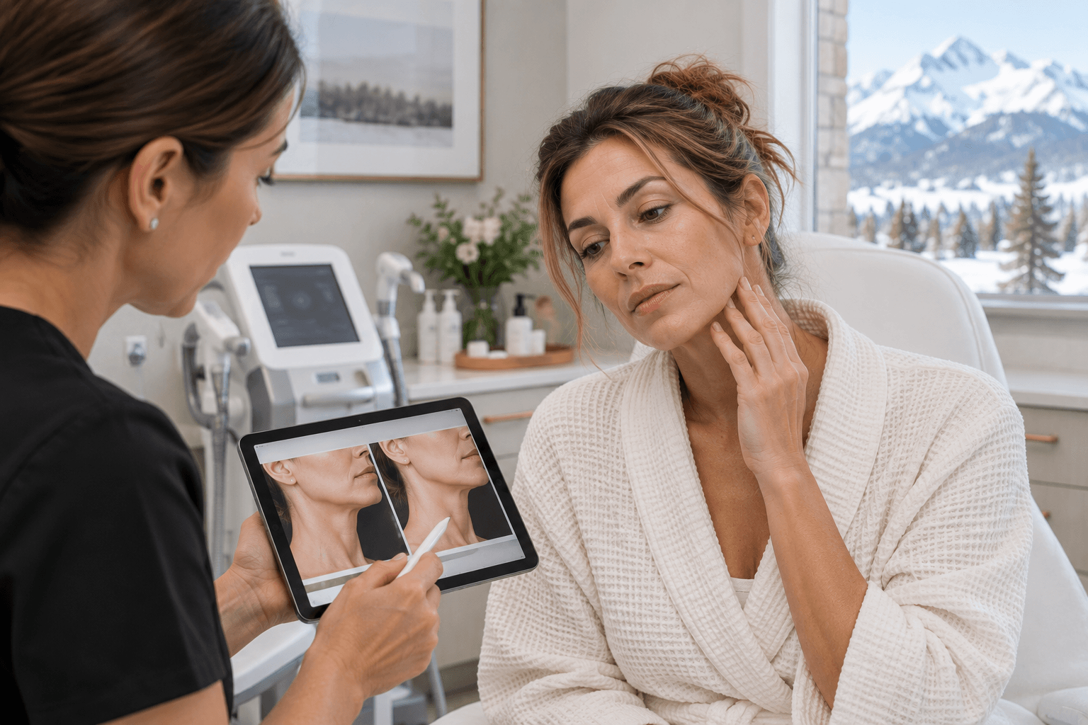Woman with firm, lifted facial skin after skin tightening treatment in Pinedale, Wyoming
