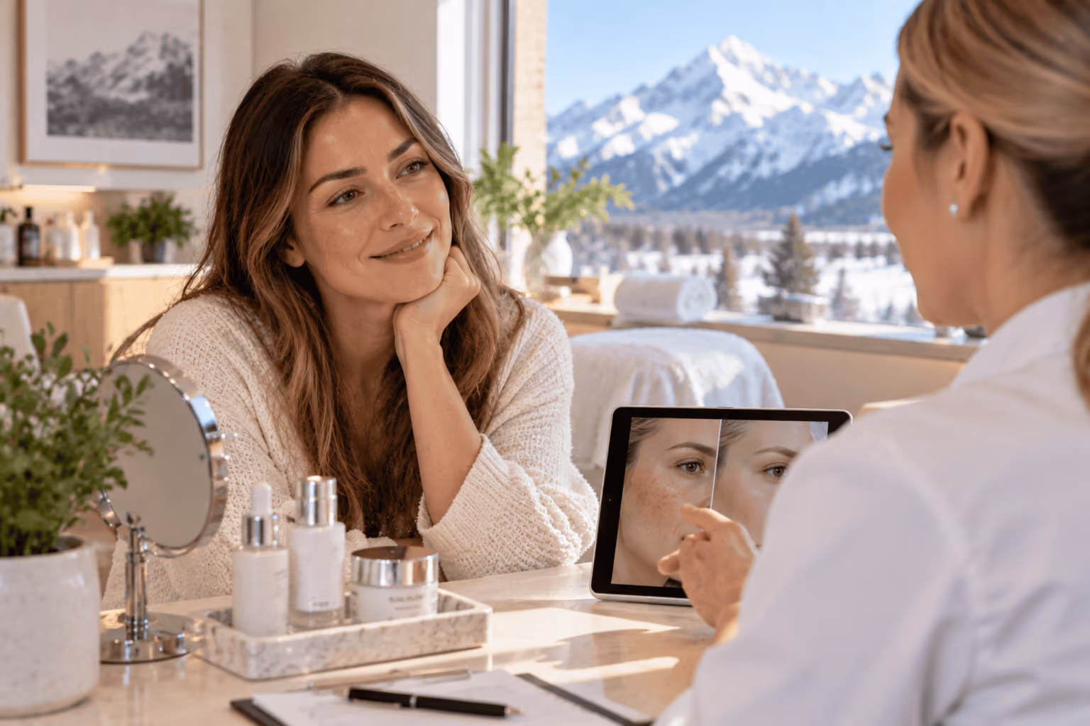 Aesthetic provider consulting with a client inside a skin care clinic in Pinedale, Wyoming