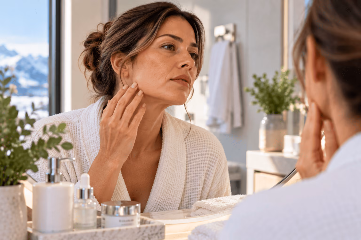 Woman gently examining loose skin along her jawline and neck in a mirror in Pinedale, Wyoming