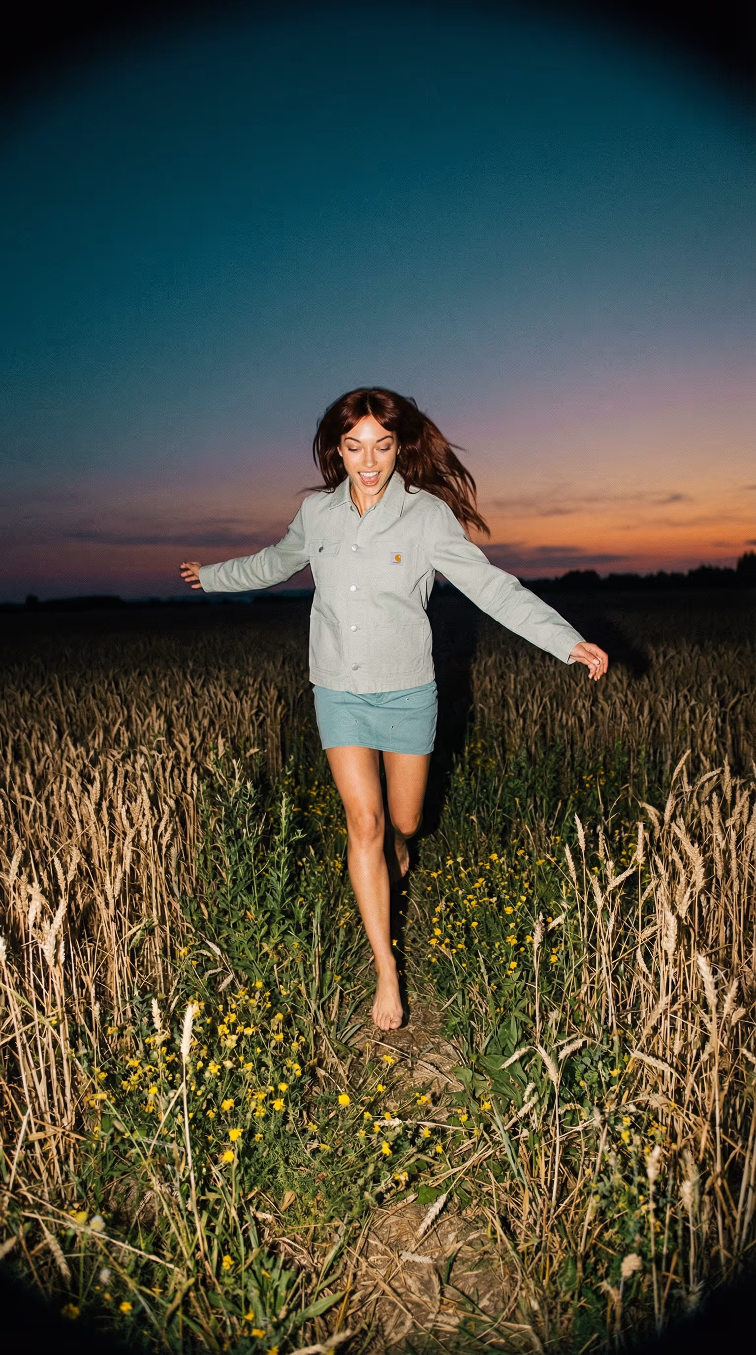 modèle courant pieds nus dans un champ au coucher de soleil lumière naturelle ambiance lifestyle libre