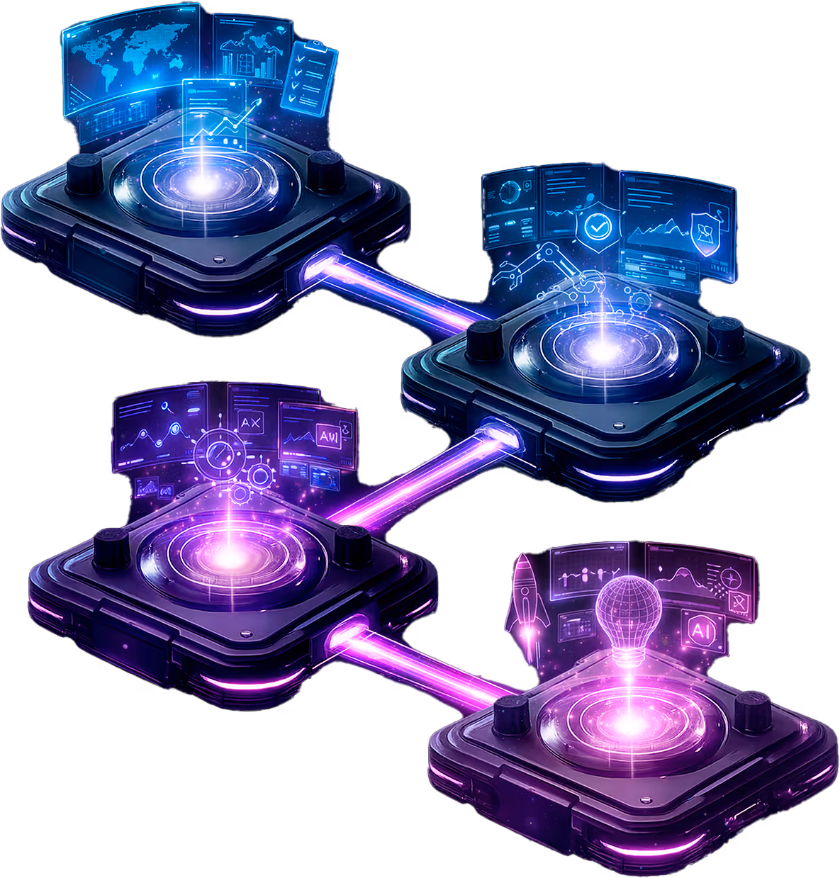Futuristic digital network with four interconnected platforms, each displaying holographic charts, graphs, and AI-related icons connected by glowing purple beams.