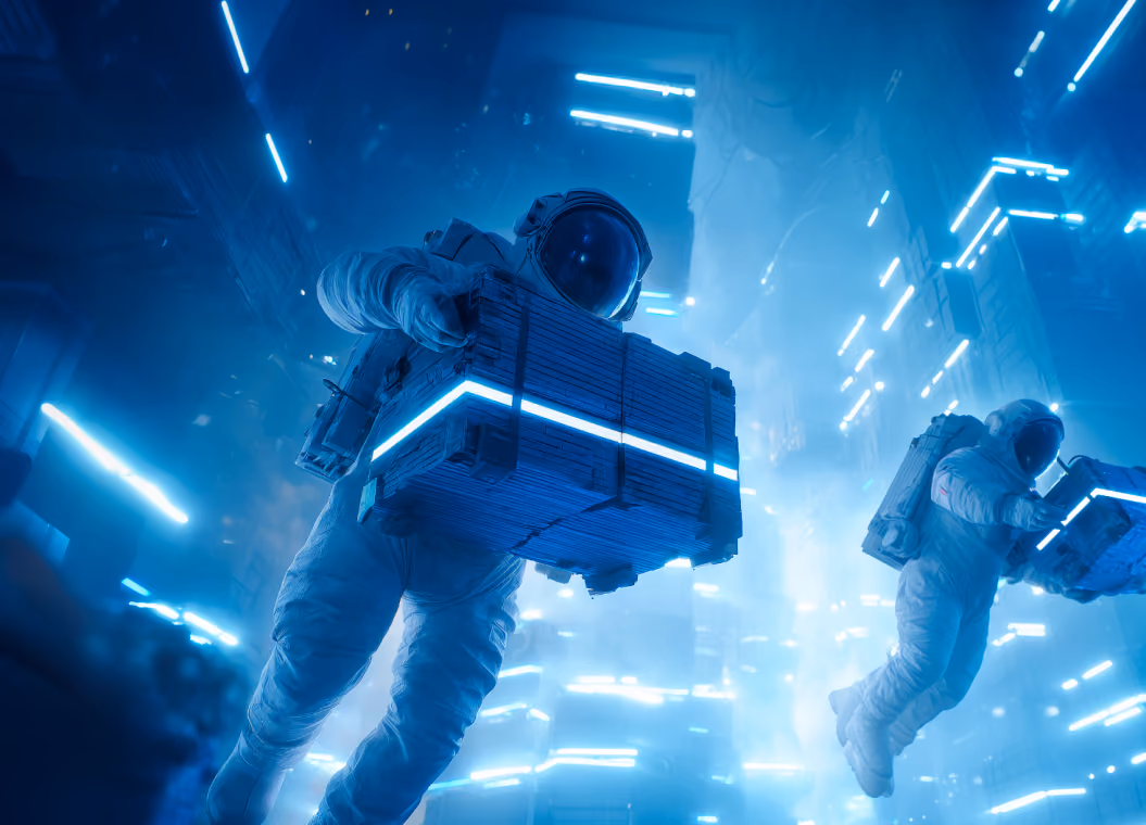 Dois astronautas em trajes espaciais brancos segurando caixas com luzes azuis brilhantes flutuam no espaço.