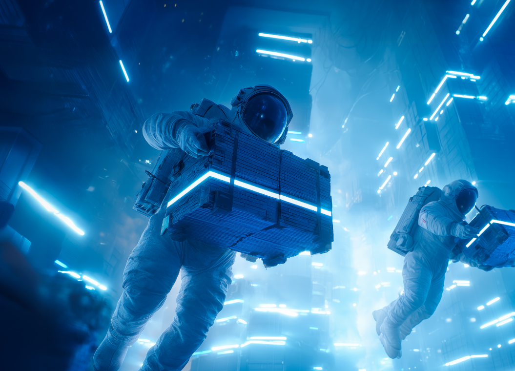 Dois astronautas em trajes espaciais brancos segurando caixas com luzes azuis brilhantes flutuam no espaço.