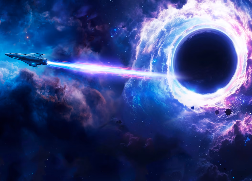 Nave espacial voando próxima a um buraco negro brilhante com nuvens cósmicas roxas e azuis ao redor.