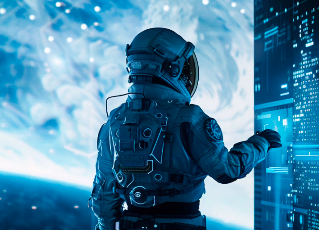 Astronauta interagindo com painel digital futurista no espaço, com fundo estrelado e planeta azul.