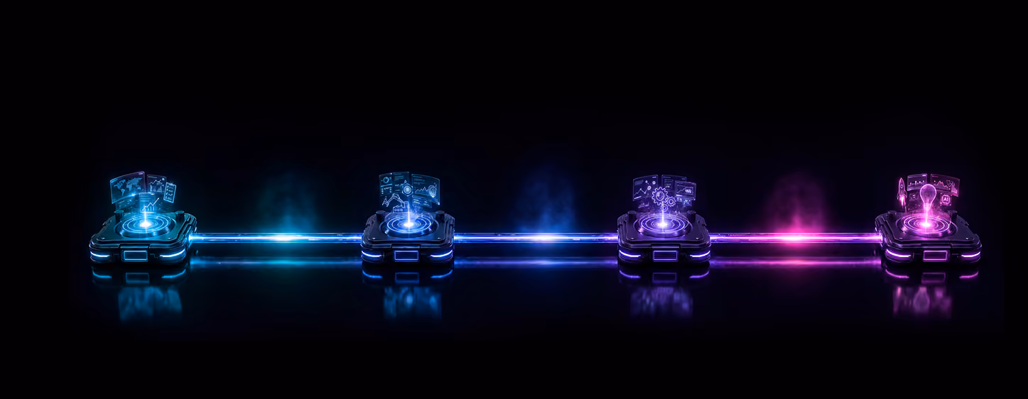 Quatro plataformas futuristas conectadas com gráficos de tecnologia e dados em azul e rosa neon.