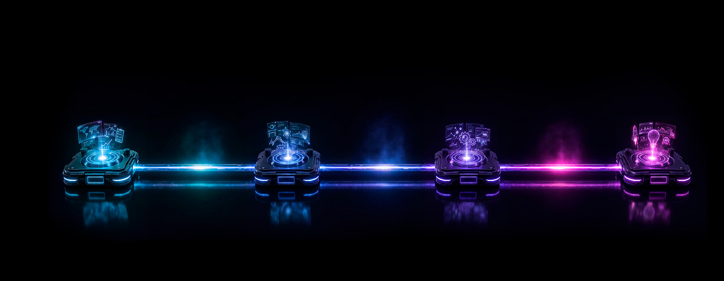 Quatro plataformas futuristas conectadas com gráficos de tecnologia e dados em azul e rosa neon.