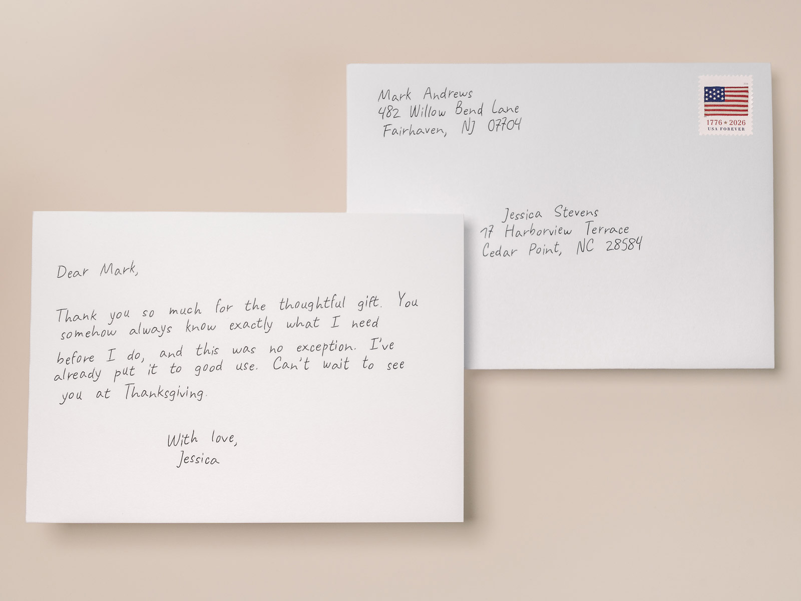 Handwritten thank you card and matching hand-addressed envelope set