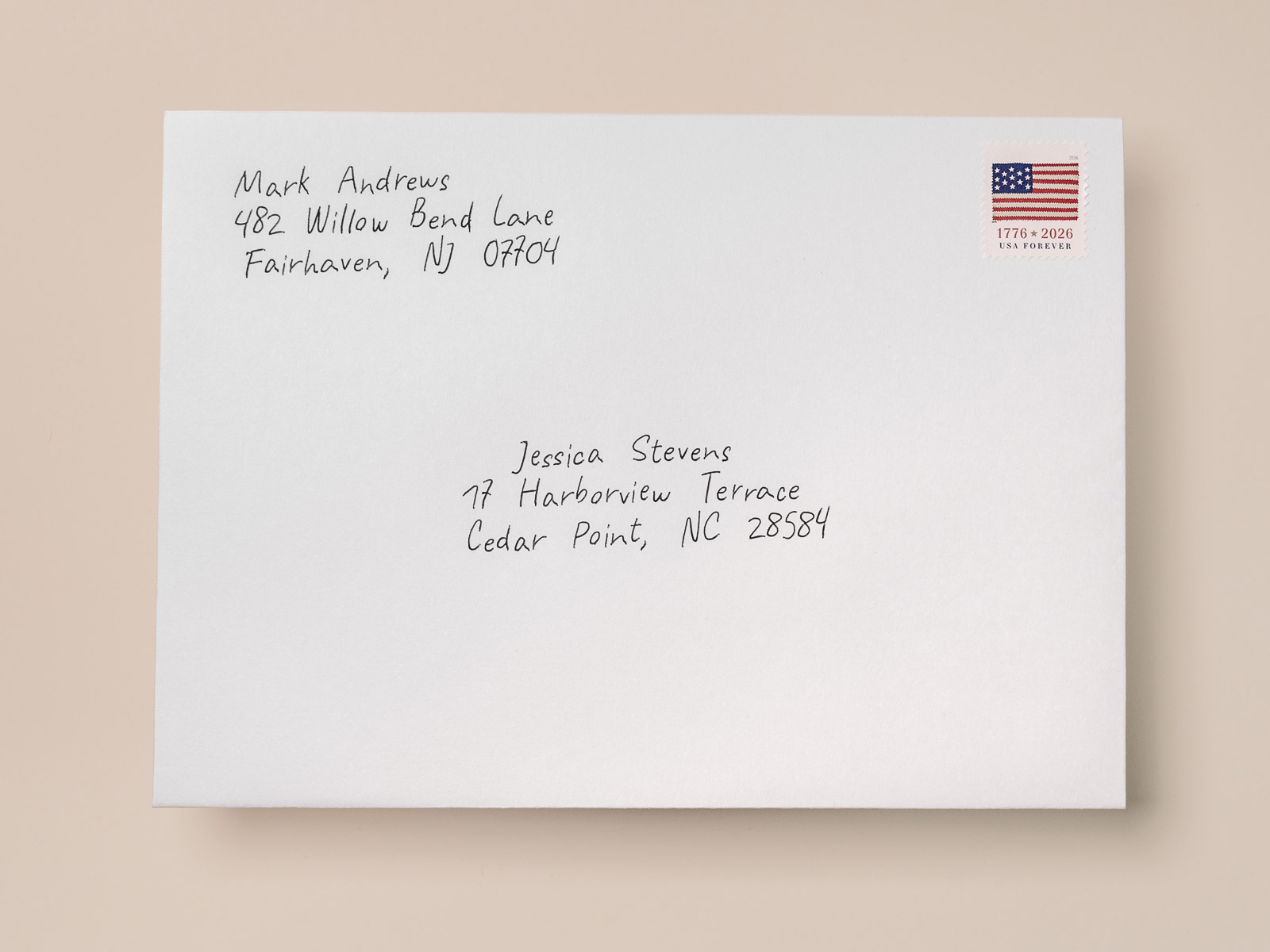 Hand-addressed envelope written in real ballpoint pen