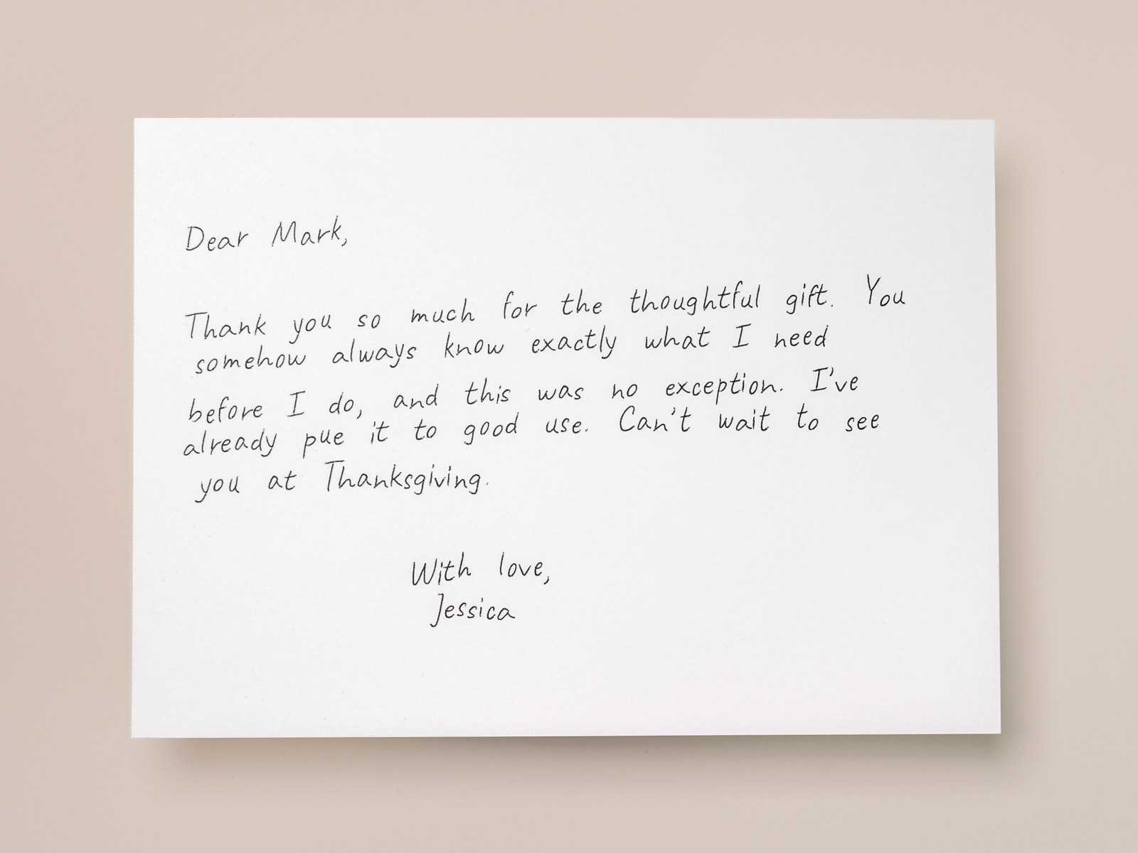 Handwritten thank you card written with a real pen on premium cardstock