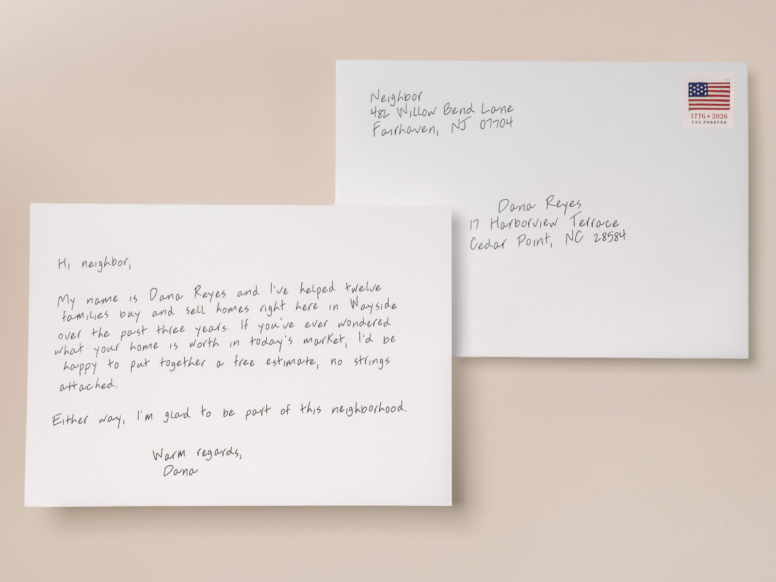 Handwritten real estate closing card and matching hand-addressed envelope set