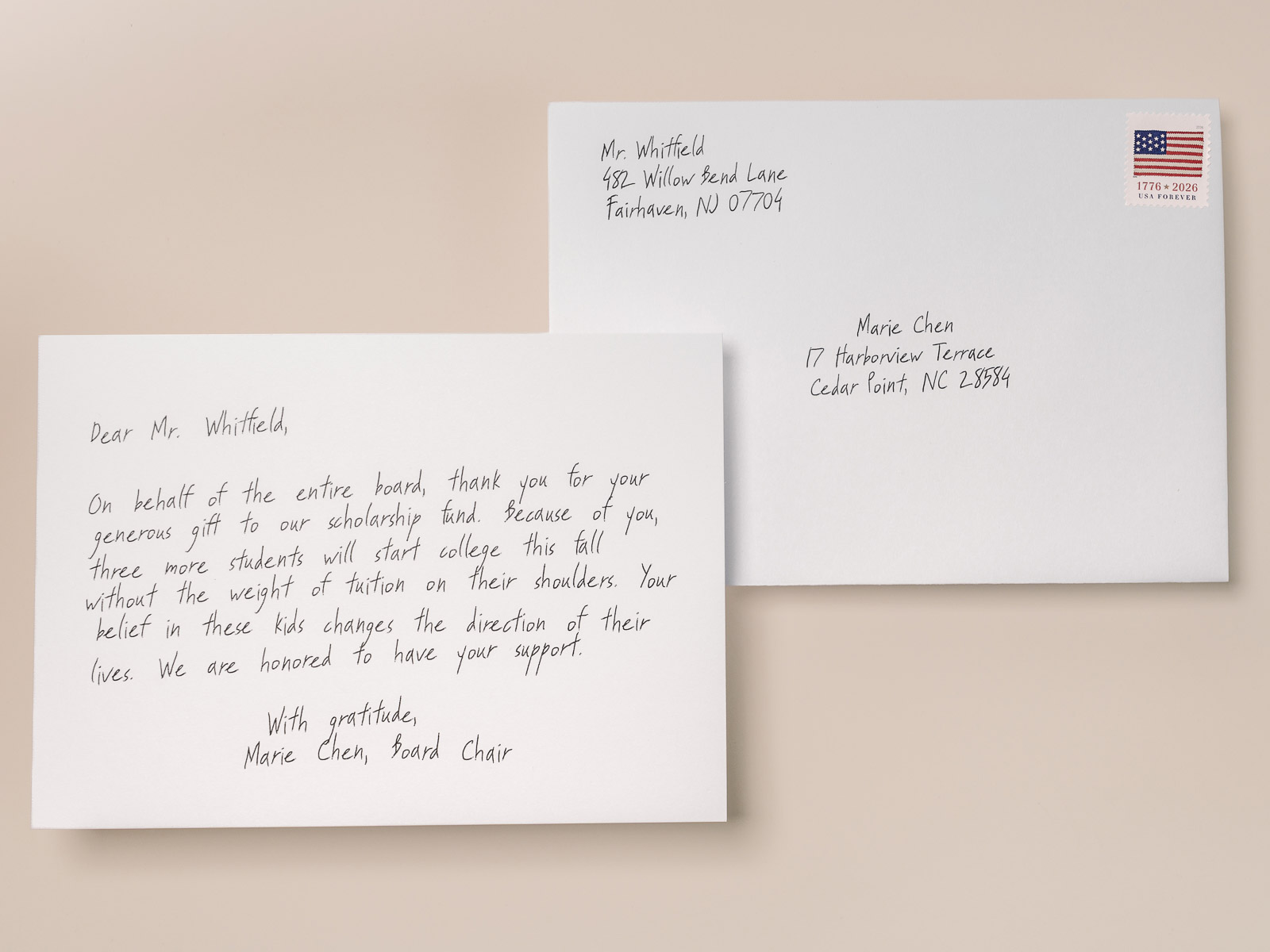 Handwritten donor thank you card and matching hand-addressed envelope set