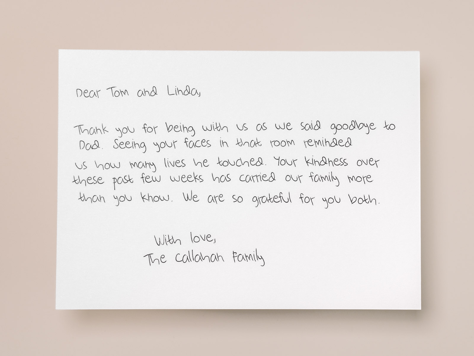 Handwritten funeral thank you card written with a real pen