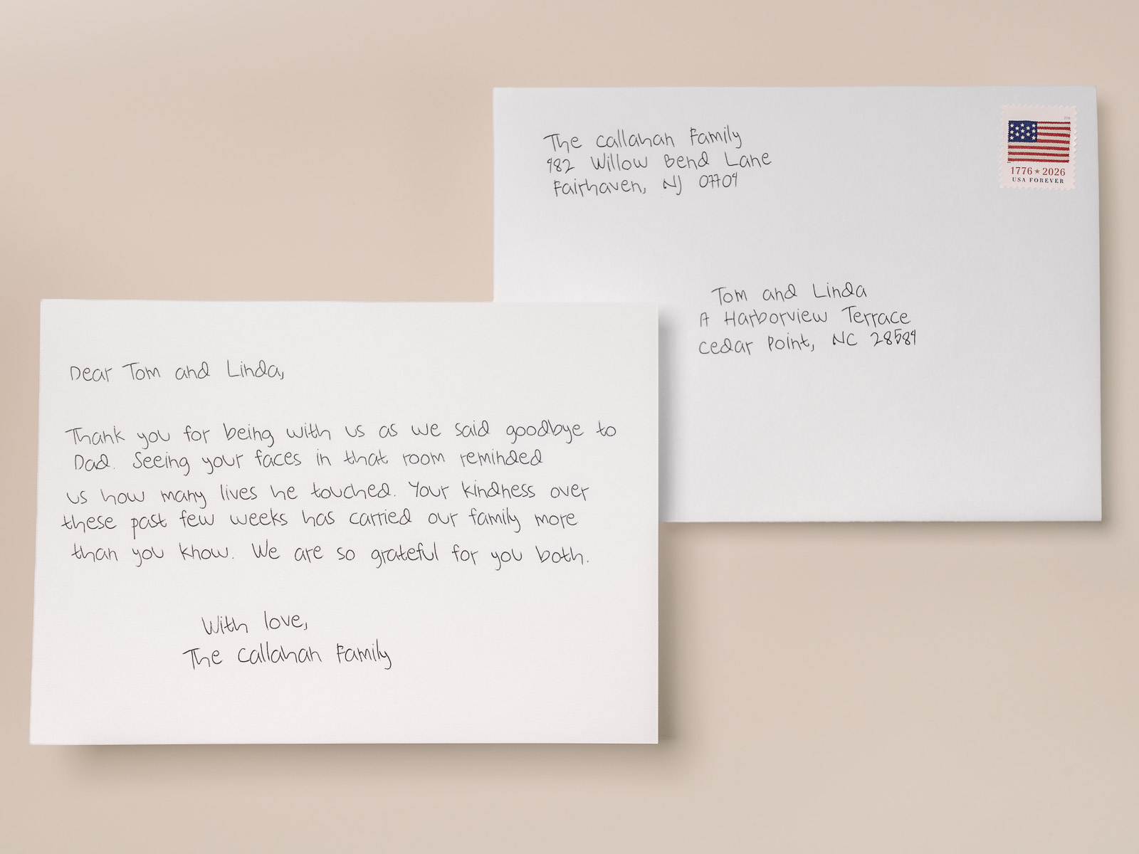 Handwritten funeral acknowledgement card and matching hand-addressed envelope