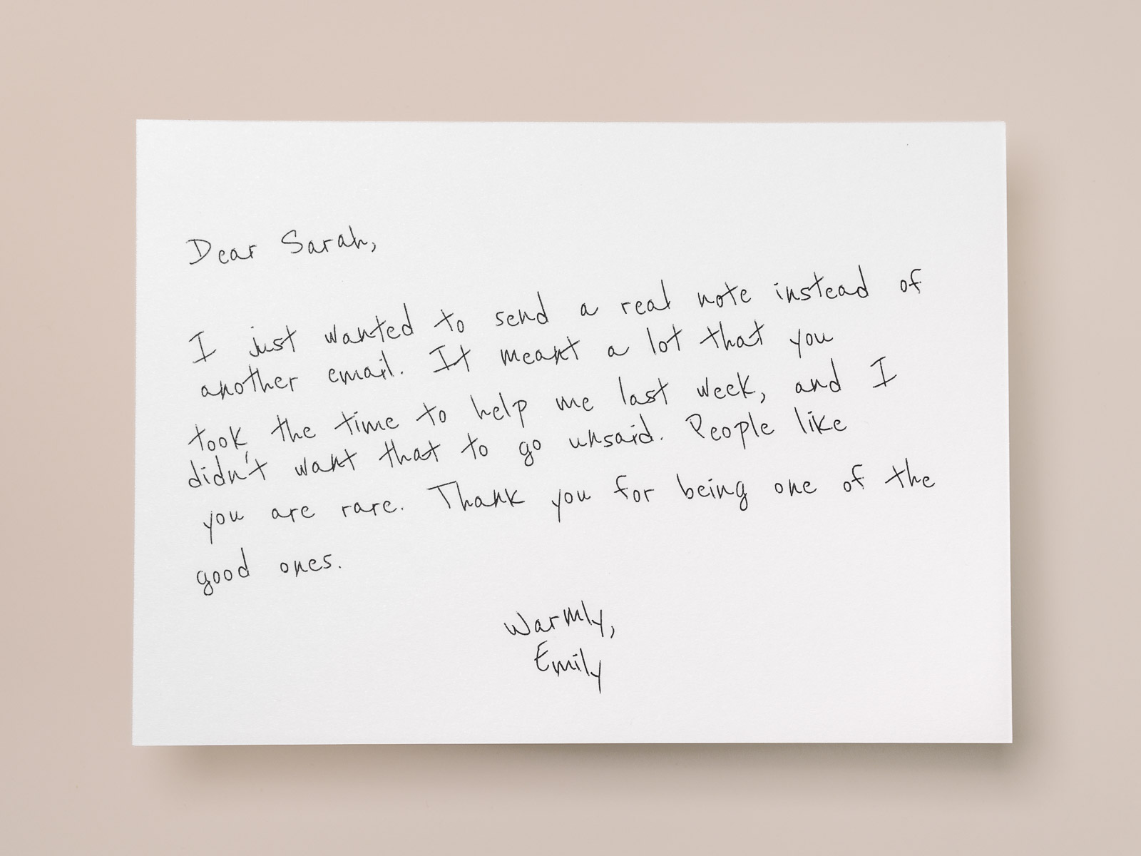 Handwritten thank you card written with a real ballpoint pen