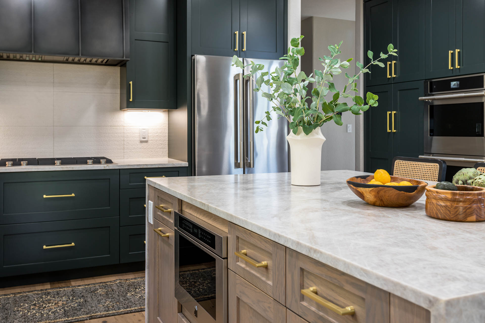 Bierstadt home with stacked limestone backsplash detail