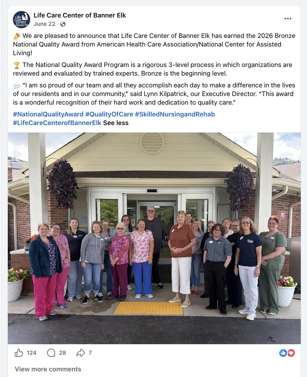 Life Care Center of Banner Elk Facebook post sharing the same story