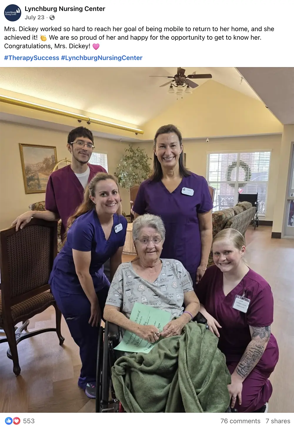 Lynchburg Nursing Center Facebook post congratulating a patient and her therapy team on her return home