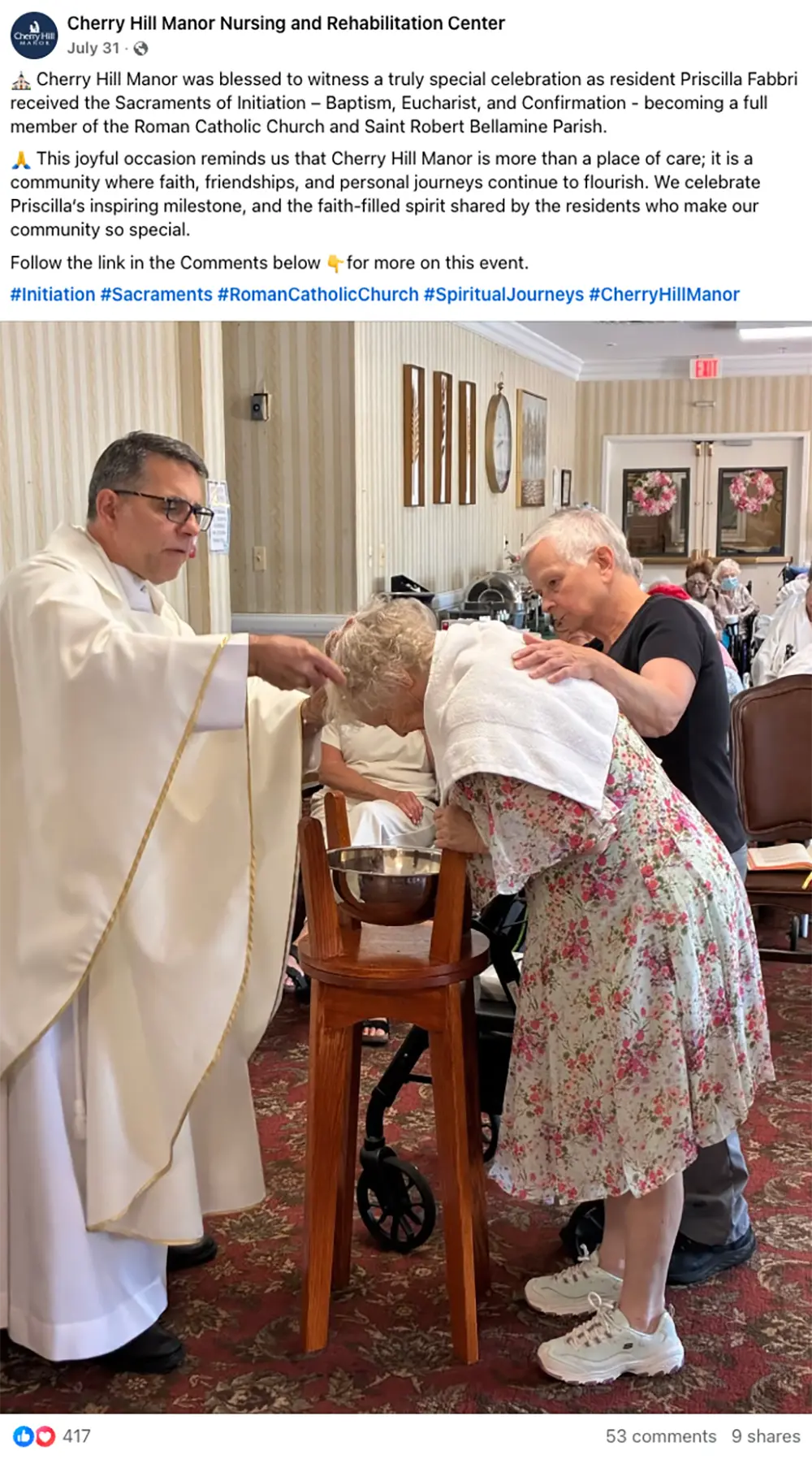 Cherry Hill Manor Facebook post celebrating a resident receiving the Sacraments of Initiation