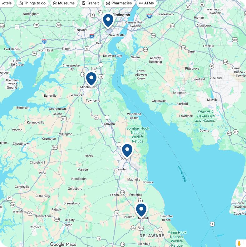 Map showing towns and highways around Delaware River including Newark, Middletown, Smyrna, and Bombay Hook National Wildlife Refuge.