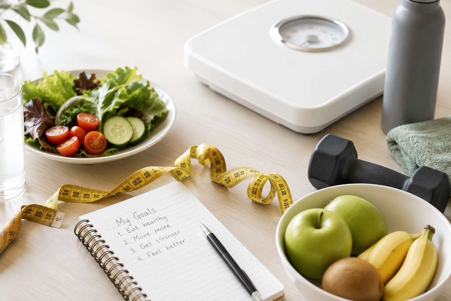 Healthy foods, measuring tape, exercise equipment, and a scale representing a medical weight loss journey.