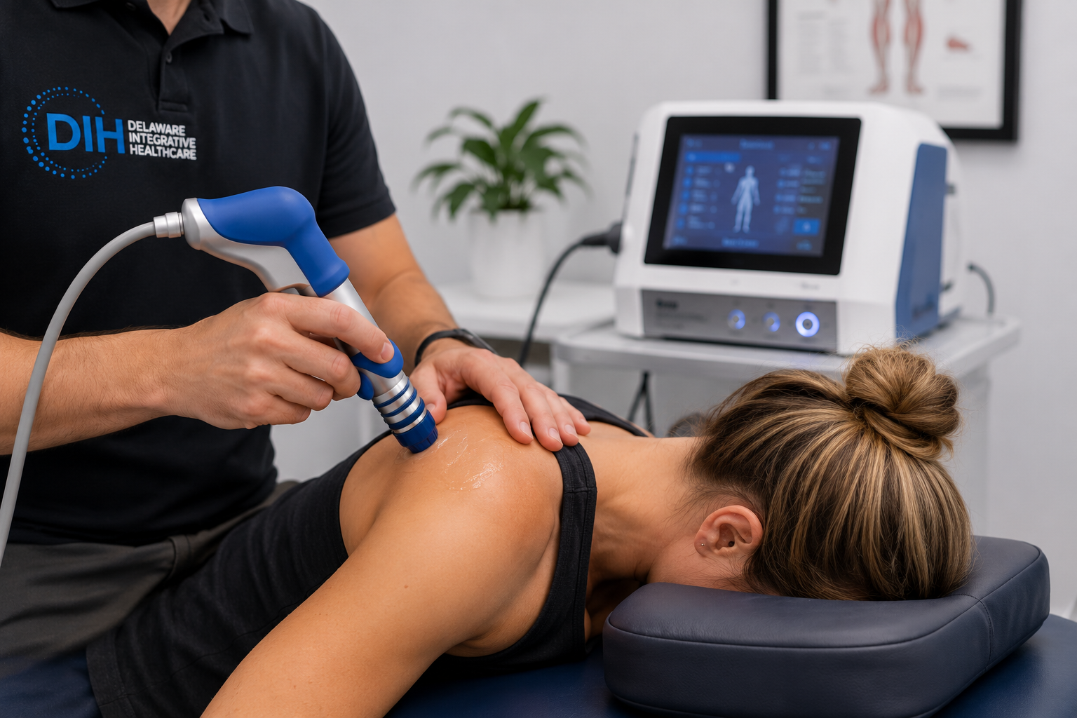 Healthcare provider performing radial shockwave therapy on a patient's shoulder in a modern treatment clinic.