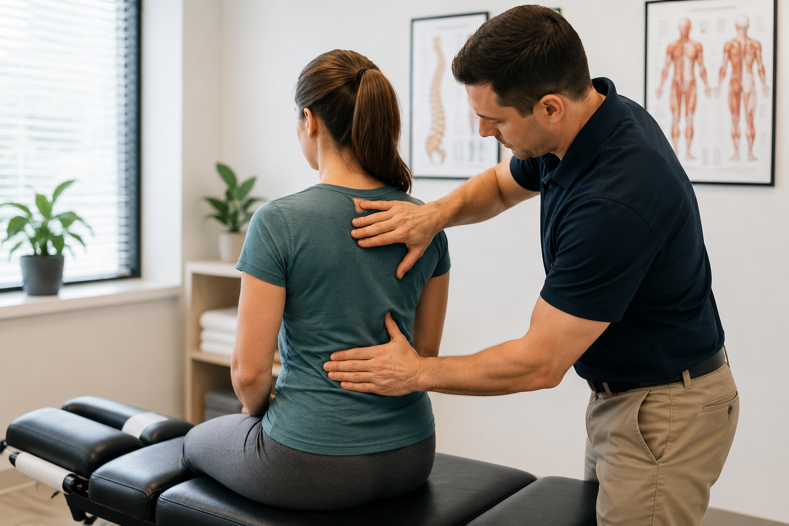 Chiropractor performing a back evaluation during a new patient chiropractic visit.