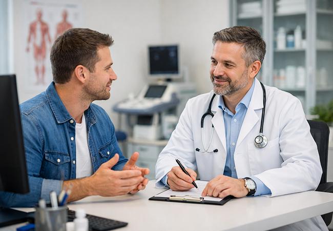 Male patient discussing treatment options with a healthcare provider