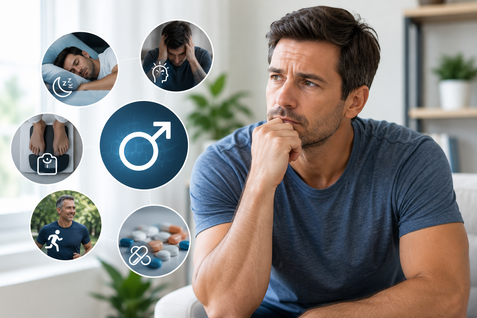 Man considering possible causes of low testosterone symptoms