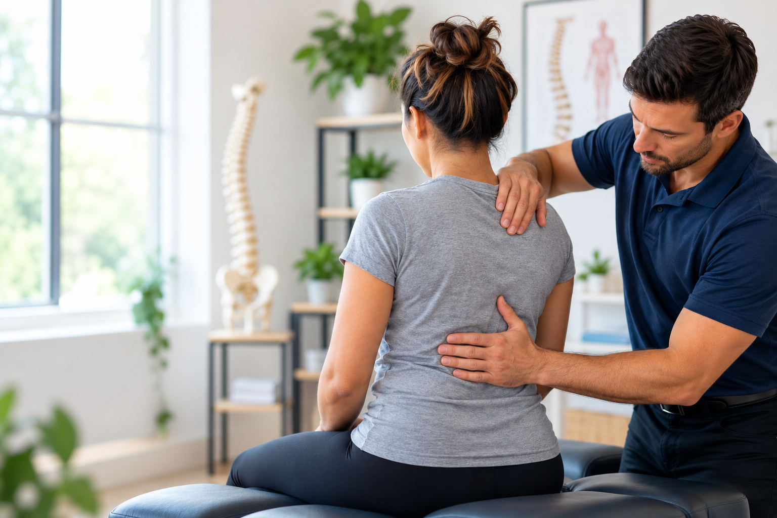 Chiropractor assessing a patient's back and mobility during a chiropractic visit