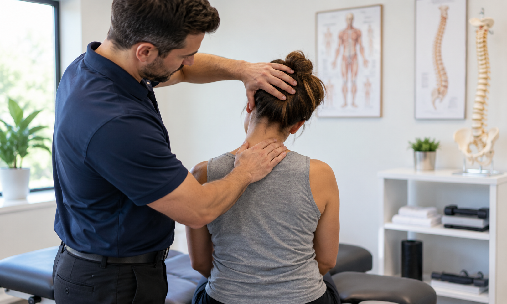 Chiropractor assessing a patient's neck and upper back following an auto or work-related injury.