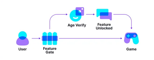 Flowchart showing a user accessing a game through a feature gate requiring age verification to unlock features before playing.