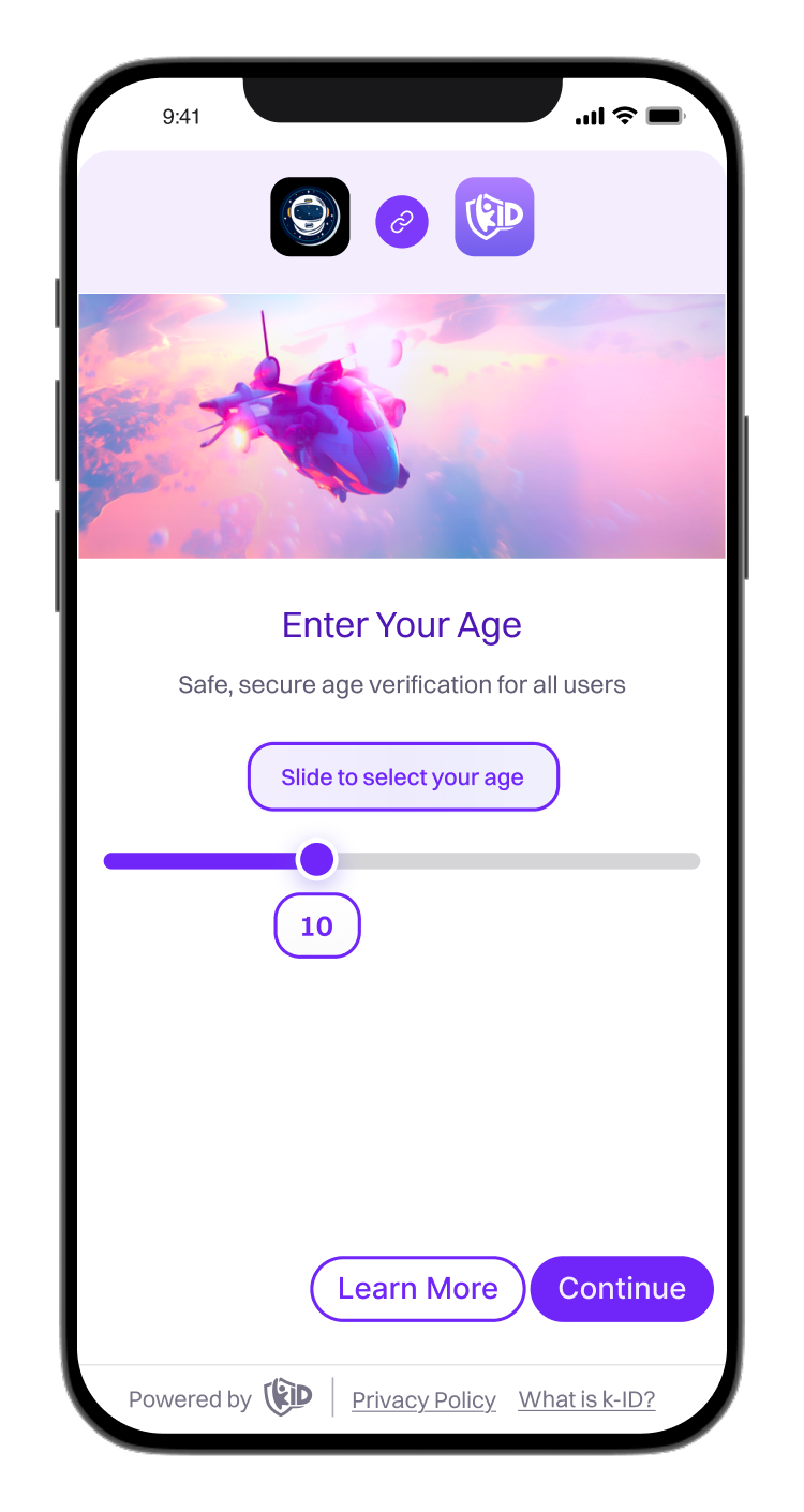 Mobile screen displaying an age verification interface with a slider set to age 10 and buttons for 'Learn More' and 'Continue'.