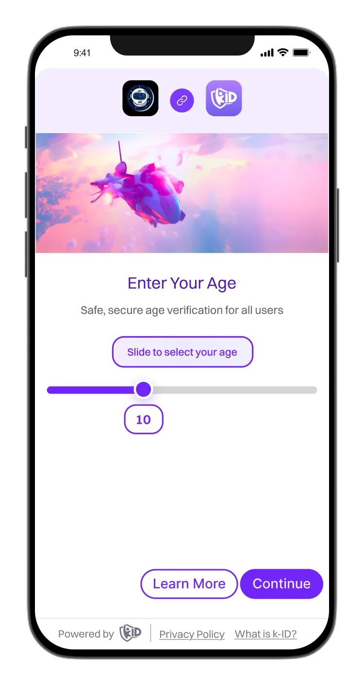 Mobile screen displaying an age verification interface with a slider set to age 10 and buttons for 'Learn More' and 'Continue'.